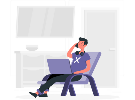 Homme assis de façon détendue, au téléphone avec un ordinateur portable sur les genoux.